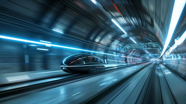A futuristic hyperloop pod speeding through an underground tunnel in a high-tech cityscape, Urban setting with advanced infrastructure and digital displays, Photo of