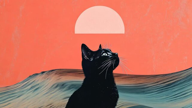 A black cat looks up at the sun, which is a half-circle in the sky. The background is a textured orange and blue
