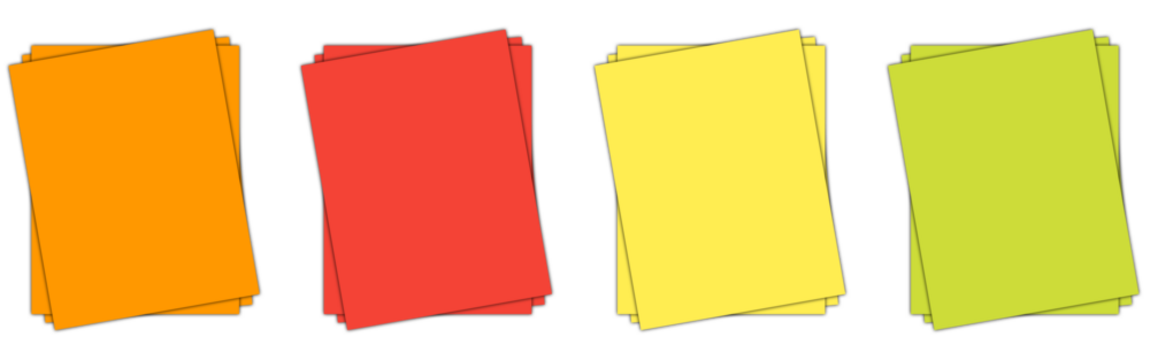 Colourful blank Papers. Red, yellow, orange, and green colour blank paper. Empty colorful page. Blank paper sheet PNG. Collection of color papers.
