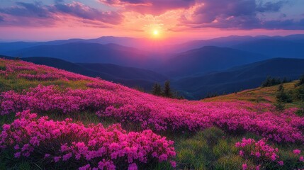 Vibrant sunset over a mountain landscape filled with blooming flowers.