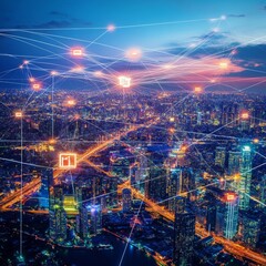 Obraz premium The modern creative communication network seamlessly connecting the smart city, representing the future of 5G wireless digital connections and the Internet of Things (IoT). This concept highlights the