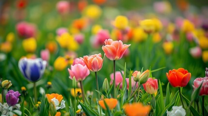 Obraz premium Flower field, vibrant colors and lively spring atmosphere