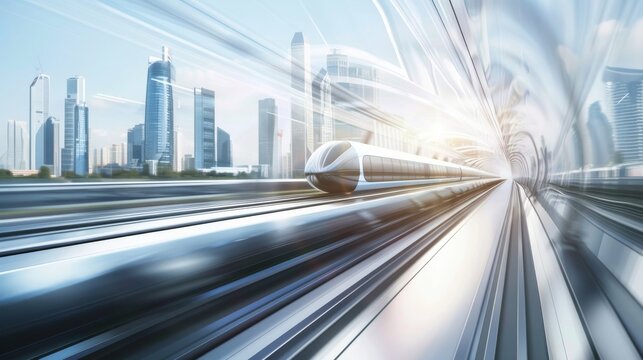 A futuristic hyperloop train speeding through a tube with futuristic cityscape visible through transparent walls, high-tech setting with advanced infrastructure and urban skyline, Futuristic style