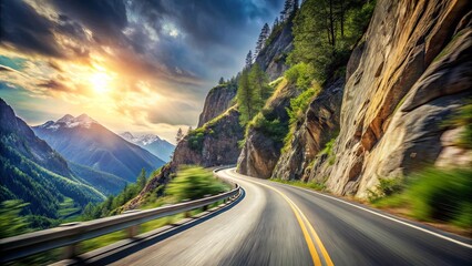 A Serpentine Mountain Road Winds Through a Valley, Illuminated by the Golden Glow of a Setting Sun, with a Blurry Effect Highlighting the Speed and Excitement of the Drive
