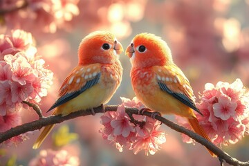Obraz premium Two Beautiful, Colorful Birds Sitting on a Branch of Pink Flowers, Cartoon Style with Cinematic Lighting, High Detail, Bright Colors, and Daylight 