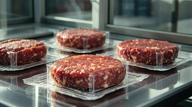 Four raw, round beef patties are packaged in plastic trays, ready for distribution