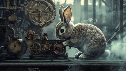 A steampunk bunny adjusting gears and clockwork mechanisms in a smoky industrial workshop