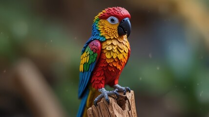 Obraz premium A colorful parrot figurine perched on a wooden branch with a blurred green background.