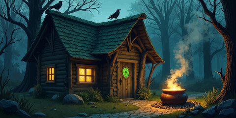 Halloween Witch's Cottage landscape vector illustration.  Halloween witch comic style digital art  © Sakib