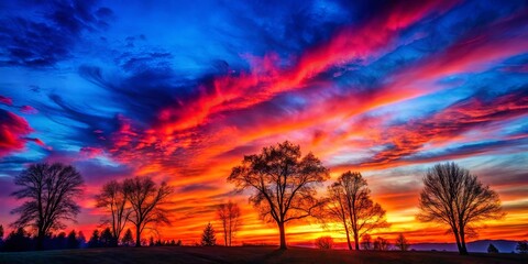 Obraz premium A fiery sunset paints the sky with vibrant hues of red, orange, and blue, casting long shadows from the silhouette of trees in the foreground.