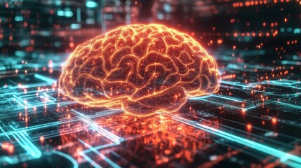 Glowing 3D Rendered Brain on Circuit Board