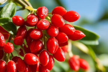 Goji Berry (Lycium Barbarum) plants heavy with bright red berries, growing in a sunny garden