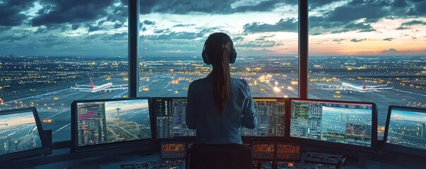 Female overseeing flights from her post in an air traffic control tower.
