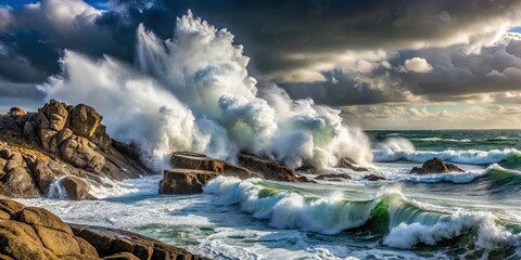 Fototapeta premium Oceanic Fury Unleashed - A Dramatic Display of White-Capped Waves Crashing Against Rugged Coastal Rocks, Set Against a Canvas of Storm Clouds