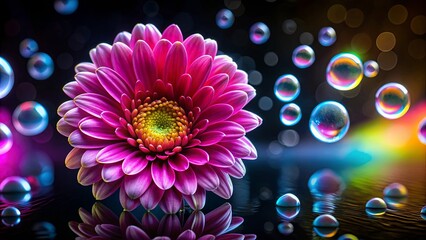 A vibrant pink blossom bathed in iridescent light, surrounded by suspended orbs of shimmering color, reflecting on a glossy surface.
