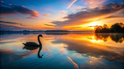 A solitary bird glides through the tranquil waters, its silhouette outlined against the vibrant hues of a sunrise sky, mirroring the majestic beauty of the natural world.