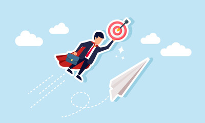 A super businessman flying in the sky with a paper airplane carrying a target board, illustration of best employees try to elevate company performance business targets