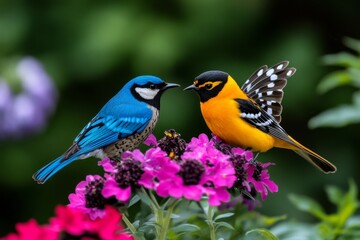 Obraz premium Nature, depicted in a serene meadow with diverse species of birds, insects, and mammals interacting within a balanced ecosystem