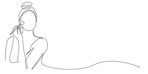 one continuous line drawing of a woman applying makeup.one line drawing of a woman sweeping a brush 
makeup.women's makeup vector single line illustration.isolated white background