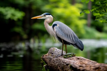 Fototapeta premium Nature, displayed in a wetland environment where herons, frogs, and aquatic plants coexist in a calm, water-filled habitat
