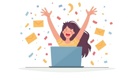 A joyful person celebrating with confetti and emails popping out of a laptop.