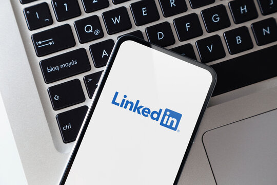 LinkedIn app on smartphone screen. Mobile phone with a professional and business oriented social network service application. ROSARIO, ARGENTINA - OCTOBER 18, 2024.