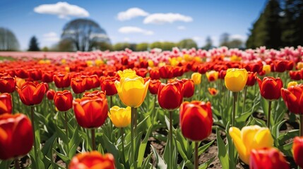 Obraz premium Vibrant Tulip Field Under Blue Sky