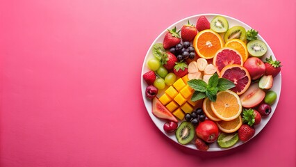 A vibrant arrangement of sliced fruits on a white plate against a pink background, showcasing a delightful mix of textures and colors.