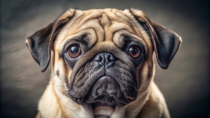 Obraz premium A close-up portrait of a pug with a soulful gaze and a wrinkled face, capturing the essence of canine innocence and curiosity.