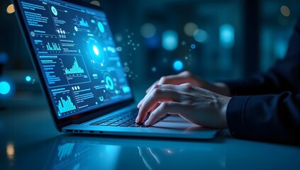 Obraz premium close up on man hand using tab pad on laptop to working about futuristic of marketing for internet network technology
