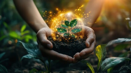 Fototapeta premium A pair of hands cradling soil with a glowing plant, symbolizing growth and sustainability.