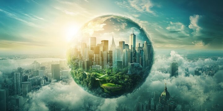 A futuristic business world driven by net zero carbon goals and green finance initiatives for climate action