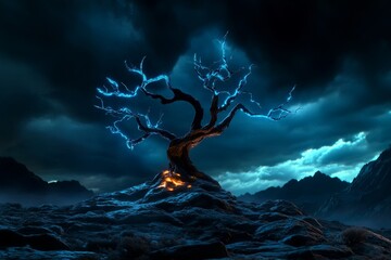 Nature, shown in a gothic-style mountain environment where stormy skies and dark, windswept trees dominate the haunting scene
