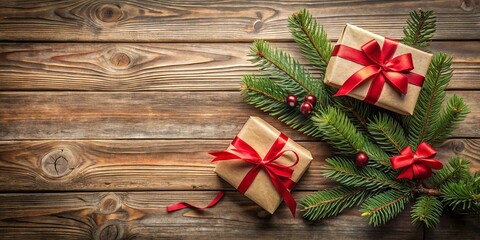 Festive Gifts Wrapped in Rustic Brown Paper and Adorned with Bright Red Ribbons Resting on a Weathered Wooden Surface