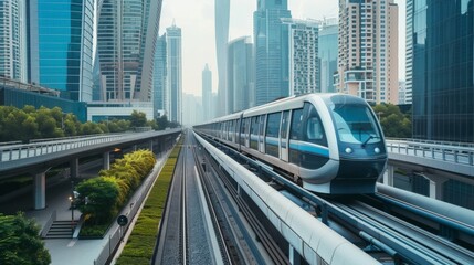 Naklejka premium A futuristic maglev train speeding along an elevated track in a modern metropolis, urban setting with high-rise buildings and advanced infrastructure, Futuristic style