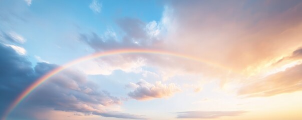 Beautiful rainbow arching across a serene sky at sunset with fluffy clouds.