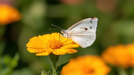 Butterfly perched on a vibrant yellow flower in a lush garden setting.