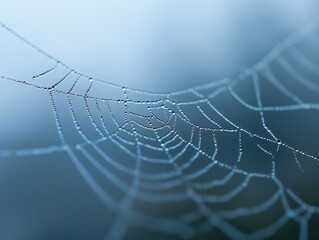Close-up of a dew-covered spider web with a soft blue background.