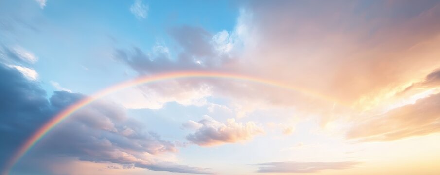 Beautiful rainbow arching across a serene sky at sunset with fluffy clouds.