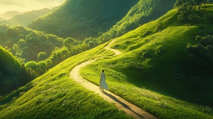 A confident individual walking along a path in a lush, green landscape, the road stretching forward to symbolize a journey toward life success.
