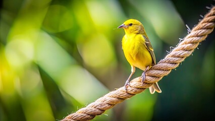 Obraz premium A Small Yellow Bird Perched on a Natural Rope Against a Background of Blurry Green Foliage