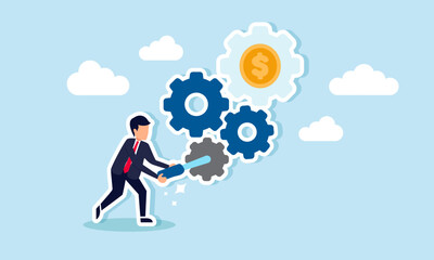 A businessman setting up a gear machine labeled with dollar coins, illustration of maintenance and system adjustments to align with dollar valuation