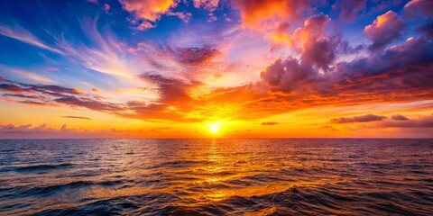 Fototapeta premium A vibrant, fiery sunset paints the sky with streaks of orange, pink, and purple, casting an ethereal glow on the calm, rippling surface of the ocean.