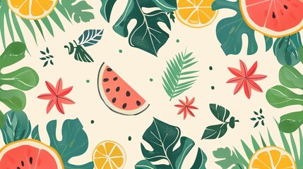 a watermelon and orange slices on a white background