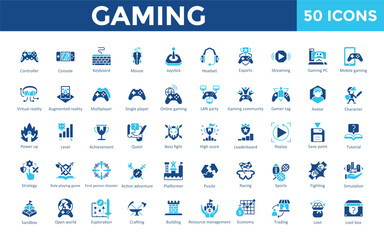 Gaming icon set with controller, console, keyboard, mouse, joystick, headset, esports, streaming, gaming pc, mobile gaming icon. Simple flat vector   © Gravisio