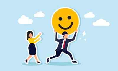 A businesswoman chasing a businessman carrying a giant happy emoji, illustration of competition for market engagement