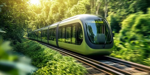 Naklejka premium A cutting-edge, fully electric autonomous train speeding along a rail line, surrounded by greenery, symbolizing a clean and sustainable future of public transportation.