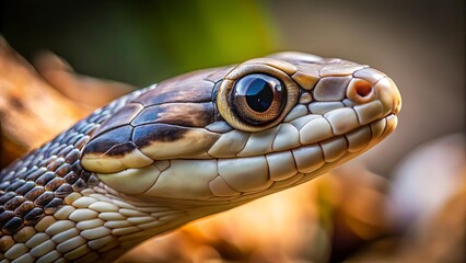 A snake's keen eye, a close-up portrait revealing the intricate scales and captivating gaze of a serpent
