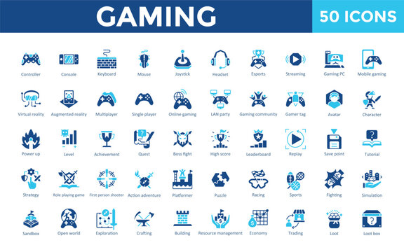 Gaming icon set with controller, console, keyboard, mouse, joystick, headset, esports, streaming, gaming pc, mobile gaming icon. Simple flat vector 
