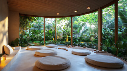 Fototapeta premium A soothing meditation room with soft cushions arranged in a circle, filled with natural light from floor-to-ceiling windows overlooking a tropical garden, offering a serene environment for mindfulness